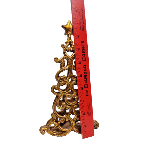 VTG Roman Fleur De Lis Terracotta Pottery Flat Holiday Tree With Star Gold 9" - Picture 3 of 9